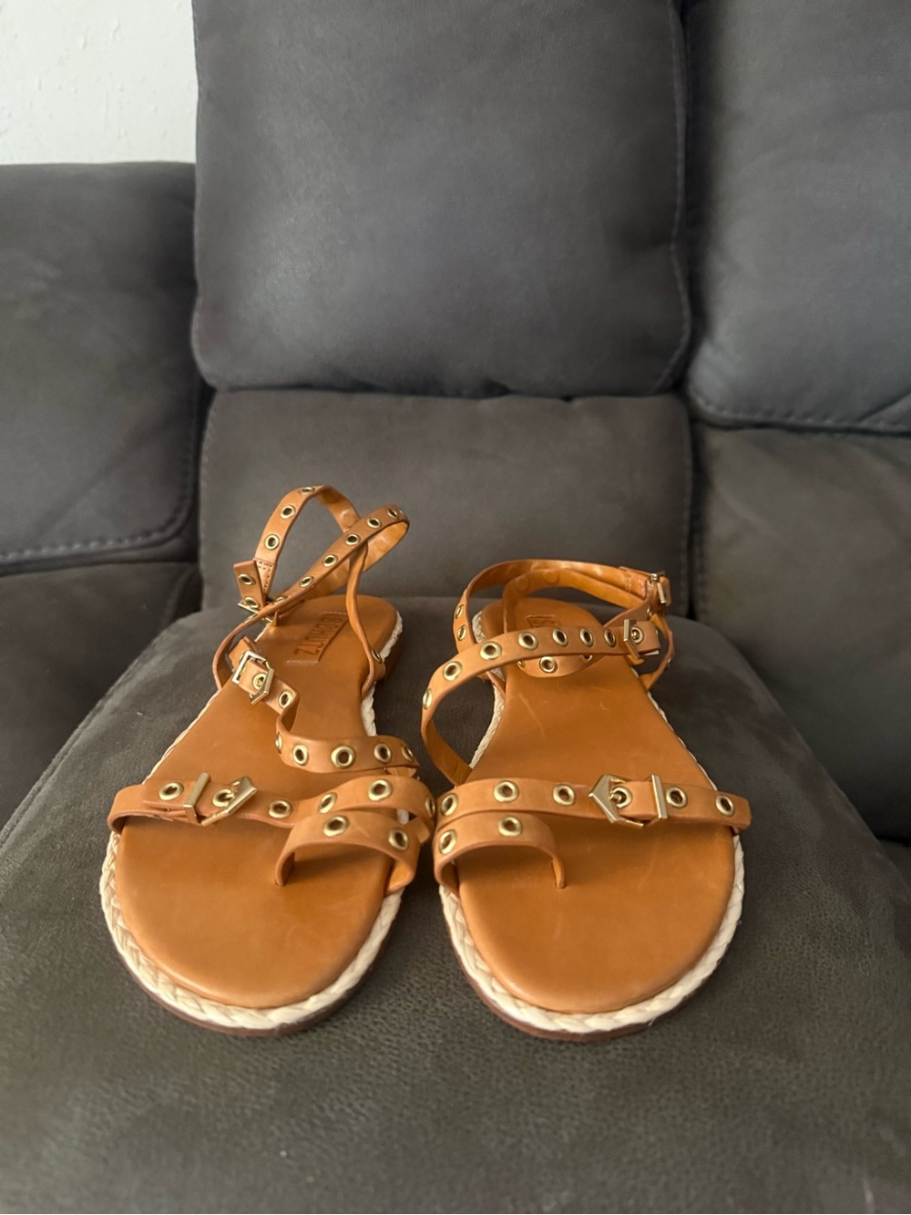 Schutz Studded Ankle-Strap Leather Sandals - Tan size7 - Picture 3 of 7
